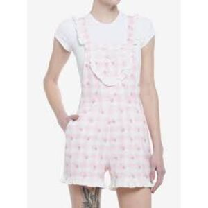Hot Topic Pink Strawberry Gingham Heart Bib Shortalls Overalls Milk Maid Size L